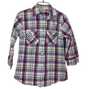 Carhart plaid button down shirt, purple white women, size medium
